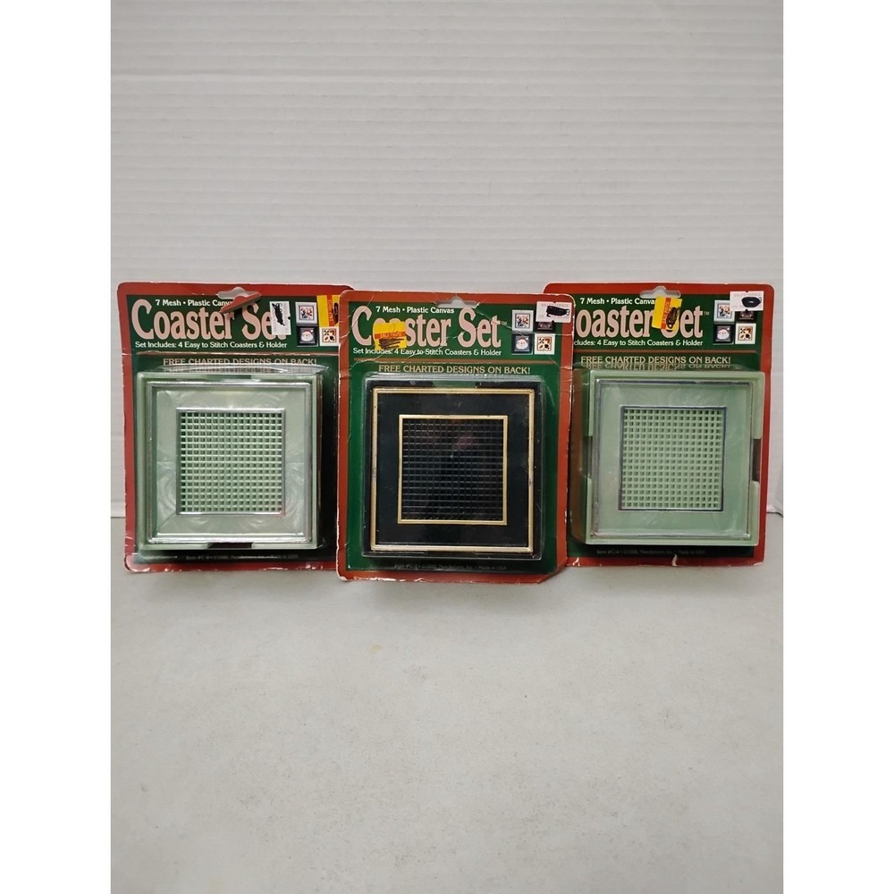 Vintage Plastic Canvas SEW YOUR OWN Coaster Lot Of 3 Pkg Black Gold Green Silver